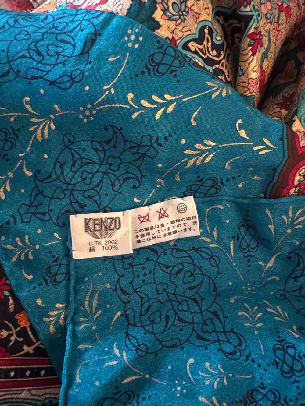 Vintage KENZO 100% Silk Scarf 42” Square Turquoise Floral Medallion Japan - Picture 3 of 6